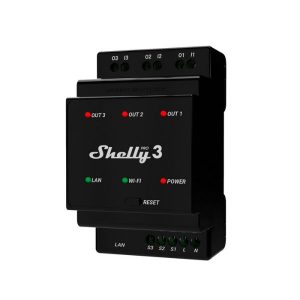 Shelly PRO 3 – három áramkörös WiFi + Ethernet + Bluetooth okosrelé, kapcsolóbemenettel, DIN-sínre szerelhető